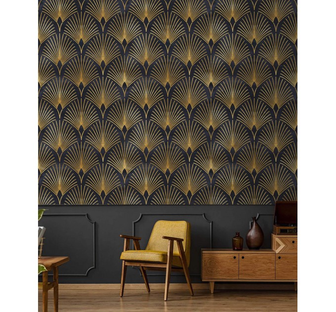 Art deco wallpaper fans black gold non metallic luxury wallpaper Peel and stick removable or Traditional