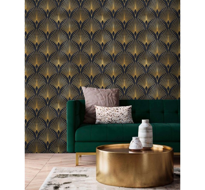 Art deco wallpaper fans black gold non metallic luxury wallpaper Peel and stick removable or Traditional