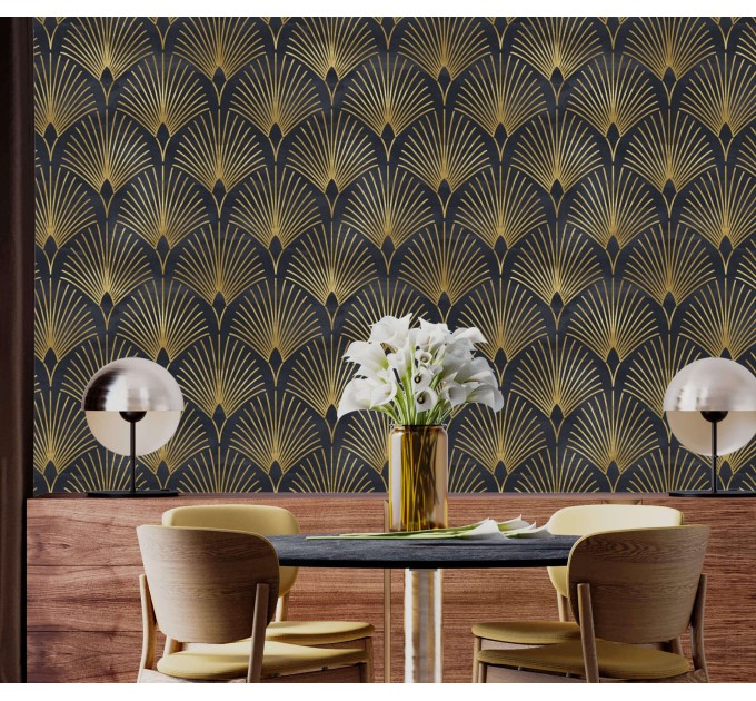 Art deco wallpaper fans black gold non metallic luxury wallpaper Peel and stick removable or Traditional