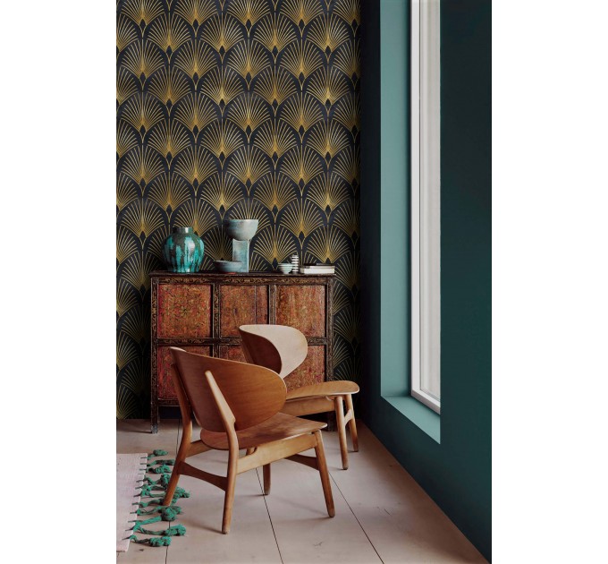 Art deco wallpaper fans black gold non metallic luxury wallpaper Peel and stick removable or Traditional