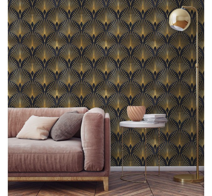 Art deco wallpaper fans black gold non metallic luxury wallpaper Peel and stick removable or Traditional