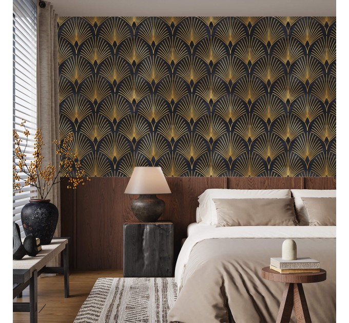 Art deco wallpaper fans black gold non metallic luxury wallpaper Peel and stick removable or Traditional