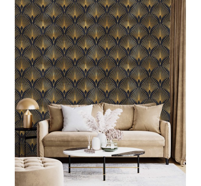 Art deco wallpaper fans black gold non metallic luxury wallpaper Peel and stick removable or Traditional