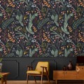 Botanical wallpaper leaves Peel and stick removable or Traditional non woven wallpaper herbs on dark