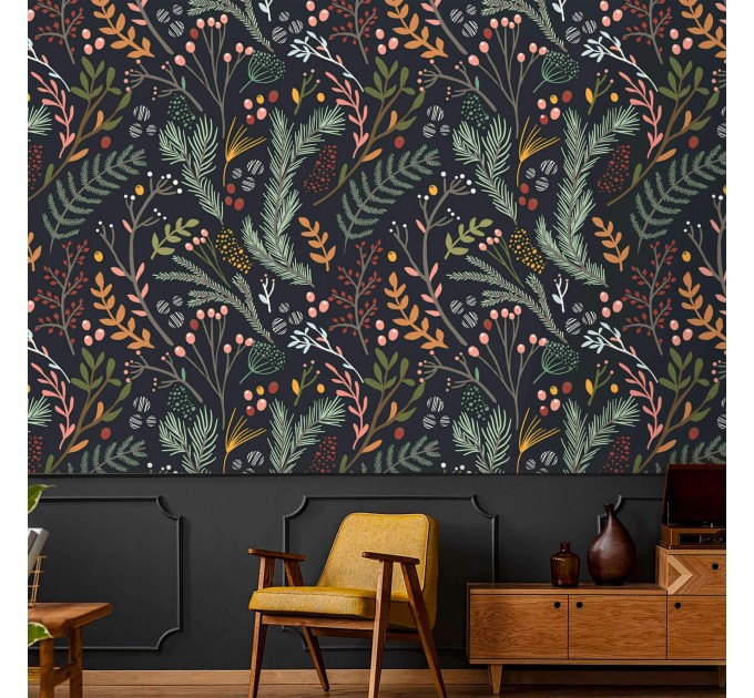 Botanical wallpaper leaves Peel and stick removable or Traditional non woven wallpaper herbs on dark