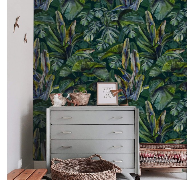 Dark Tropical wallpaper banana leaves Peel and stick removable or Traditional accent wallpaper