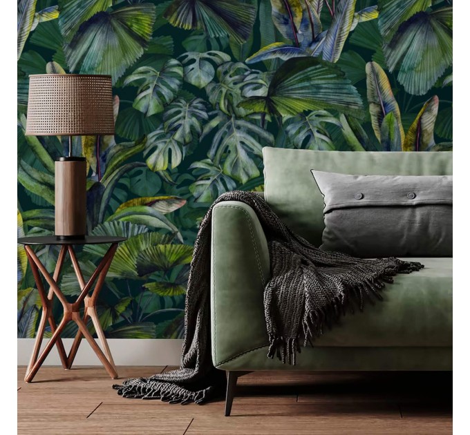 Dark Tropical wallpaper banana leaves Peel and stick removable or Traditional accent wallpaper