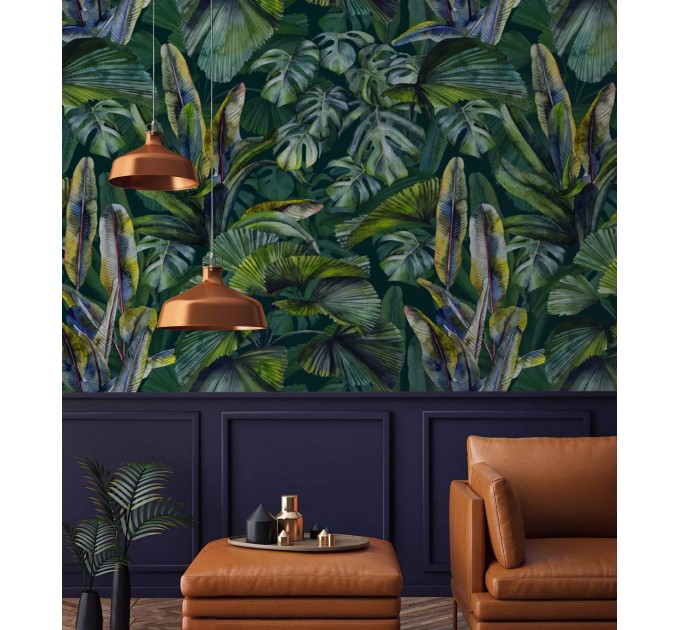 Dark Tropical wallpaper banana leaves Peel and stick removable or Traditional accent wallpaper