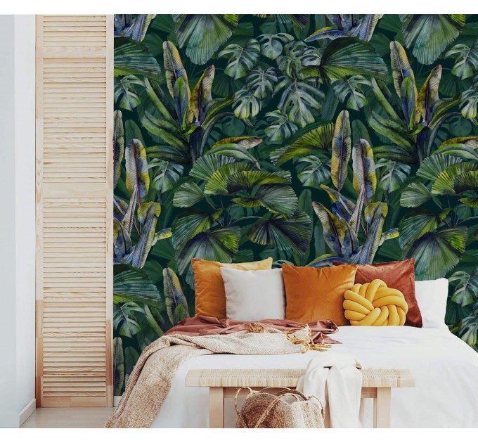 Dark Tropical wallpaper banana leaves Peel and stick removable or Traditional accent wallpaper