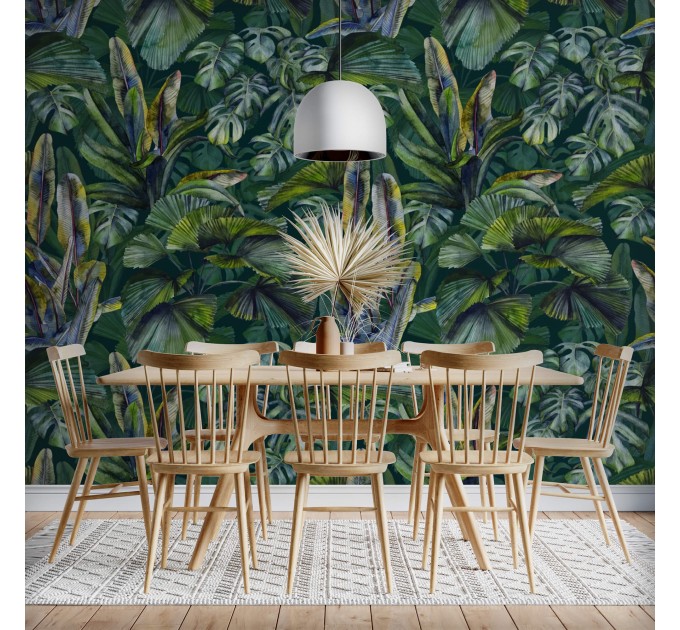 Dark Tropical wallpaper banana leaves Peel and stick removable or Traditional accent wallpaper