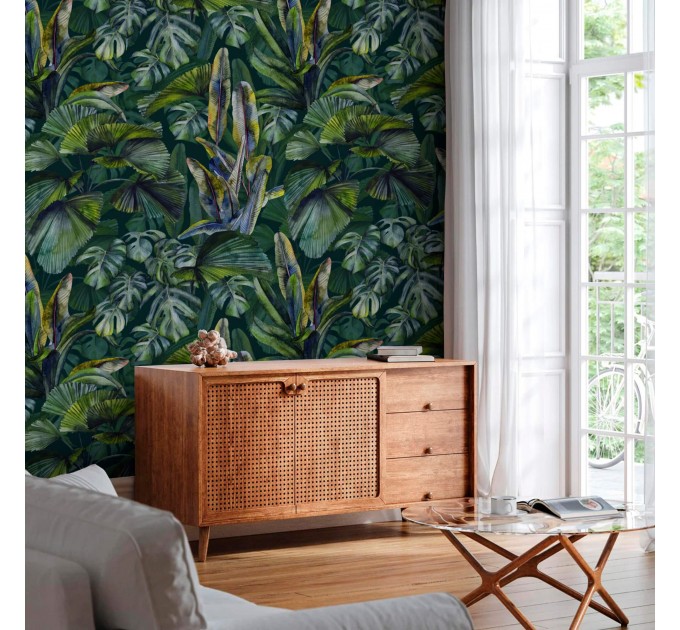 Dark Tropical wallpaper banana leaves Peel and stick removable or Traditional accent wallpaper