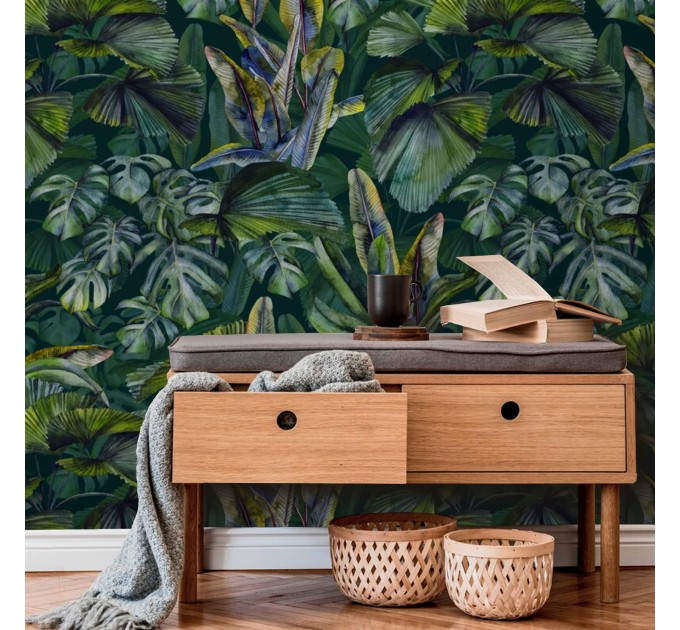 Dark Tropical wallpaper banana leaves Peel and stick removable or Traditional accent wallpaper