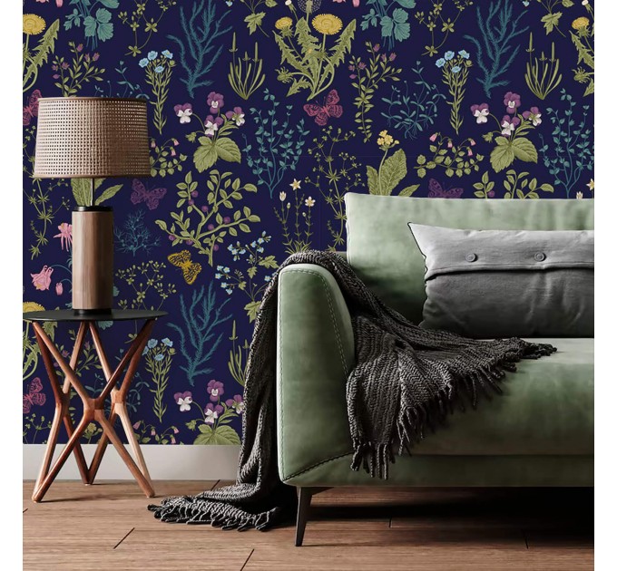 Dark floral wallpaper botanical herbs and wildflowers Peel and stick or Traditional non woven wallpaper