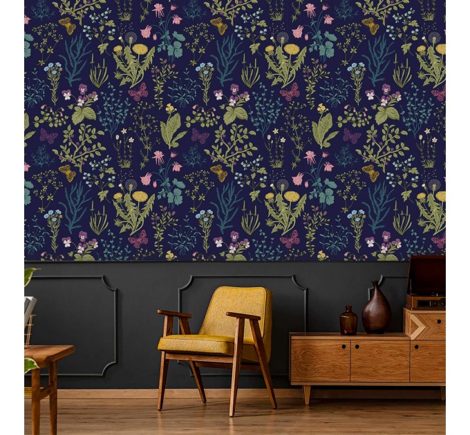 Dark floral wallpaper botanical herbs and wildflowers Peel and stick or Traditional non woven wallpaper