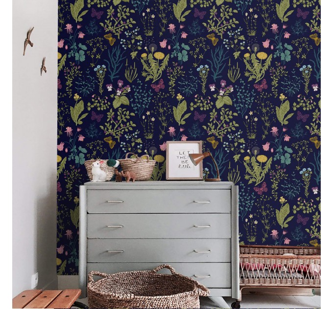 Dark floral wallpaper botanical herbs and wildflowers Peel and stick or Traditional non woven wallpaper