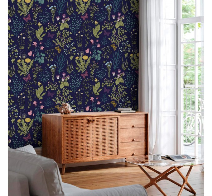 Dark floral wallpaper botanical herbs and wildflowers Peel and stick or Traditional non woven wallpaper