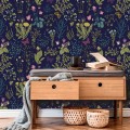 Dark floral wallpaper botanical herbs and wildflowers Peel and stick or Traditional non woven wallpaper