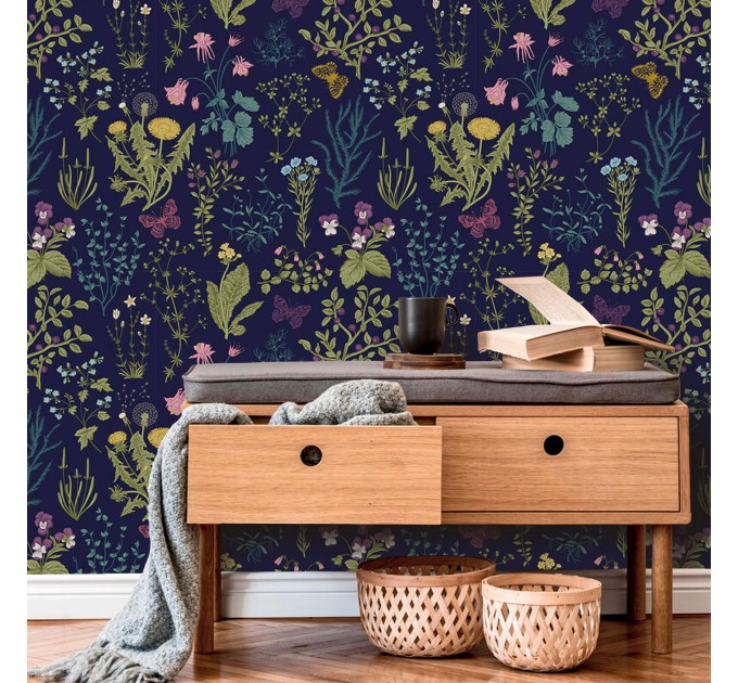 Dark floral wallpaper botanical herbs and wildflowers Peel and stick or Traditional non woven wallpaper