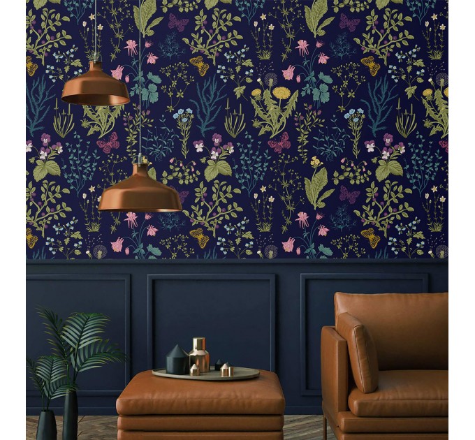 Dark floral wallpaper botanical herbs and wildflowers Peel and stick or Traditional non woven wallpaper