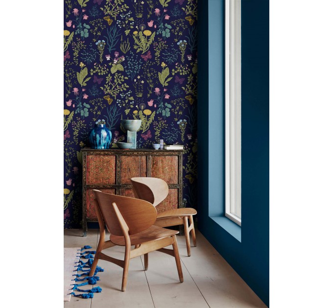 Dark floral wallpaper botanical herbs and wildflowers Peel and stick or Traditional non woven wallpaper