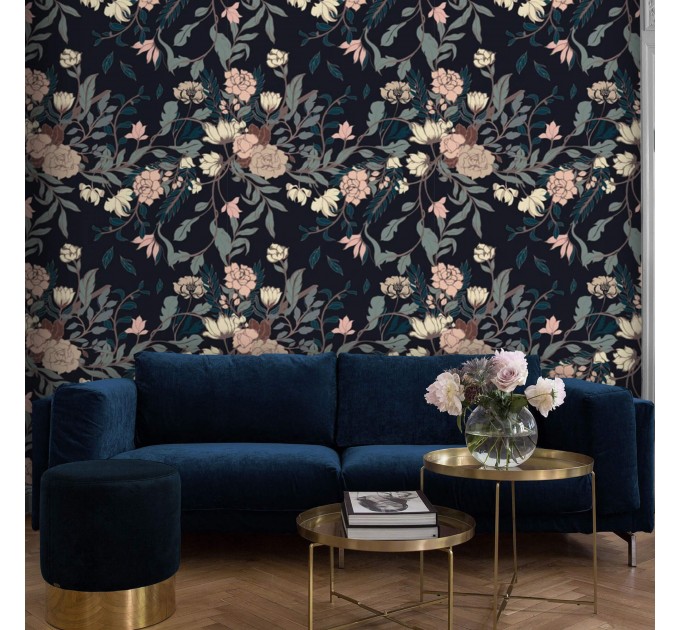 Dark floral wallpaper elegant flowers Peel and stick removable or traditional non woven