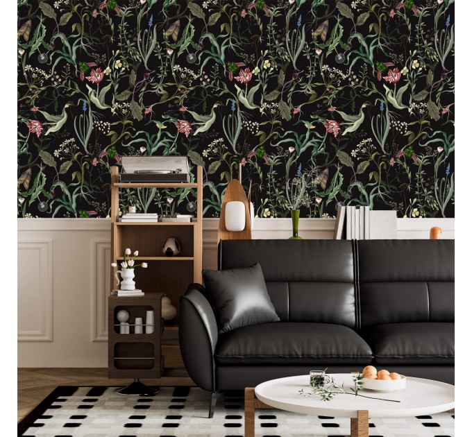 Dark floral wallpaper secret garden Leaves and flowers Peel and stick removable or Traditional wallpaper