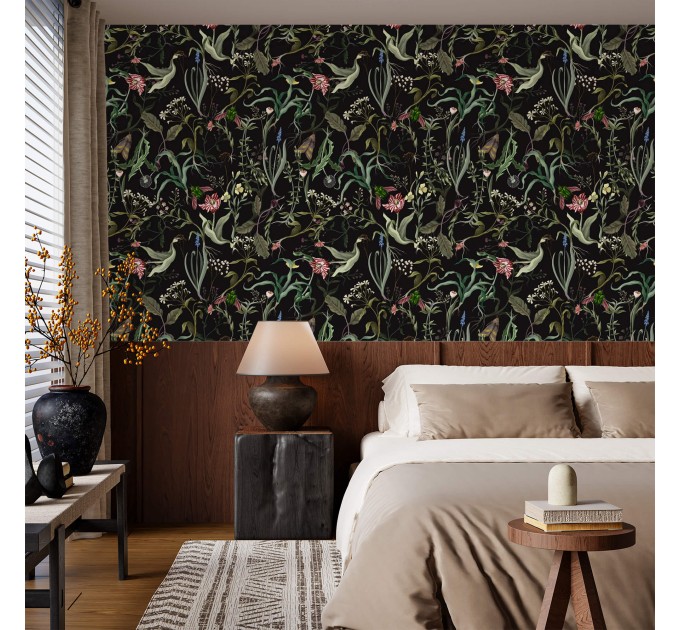 Dark floral wallpaper secret garden Leaves and flowers Peel and stick removable or Traditional wallpaper