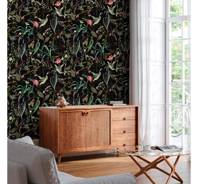 Dark floral wallpaper secret garden Leaves and flowers Peel and stick removable or Traditional wallpaper