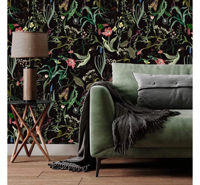 Dark floral wallpaper secret garden Leaves and flowers Peel and stick removable or Traditional wallpaper