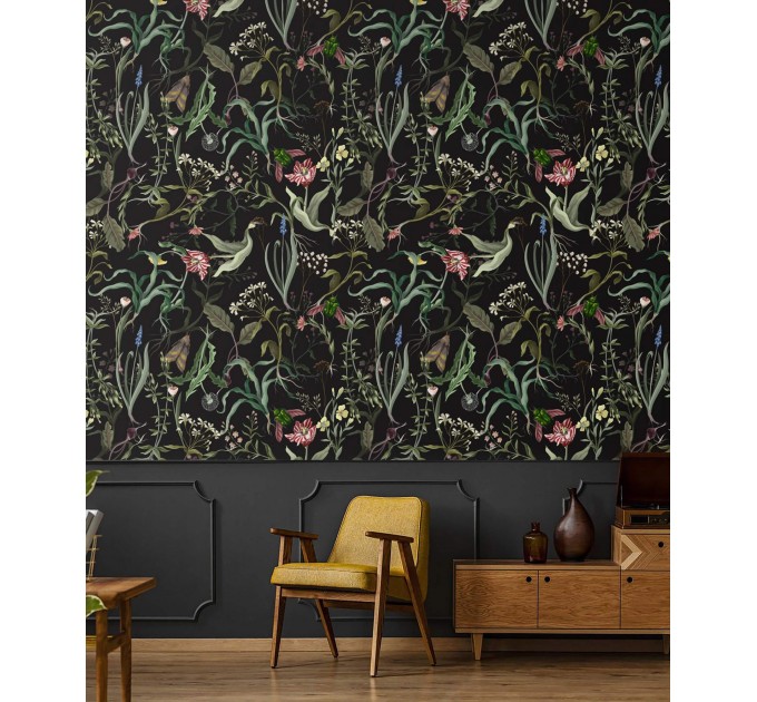 Dark floral wallpaper secret garden Leaves and flowers Peel and stick removable or Traditional wallpaper