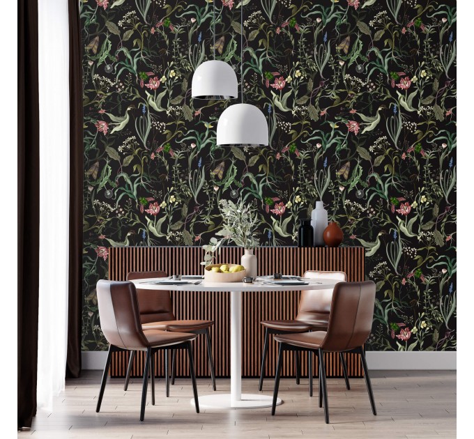 Dark floral wallpaper secret garden Leaves and flowers Peel and stick removable or Traditional wallpaper