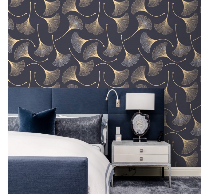 Dark purple wallpaper ginkgo leaves gold non metallic Peel and stick or Traditional elegant accent wallpaper