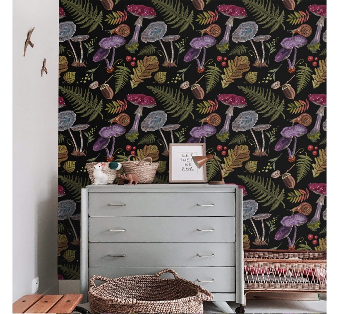 Mushroom wallpaper forest dark botanical fairy wallpaper Peel and stick removable or Traditional non woven