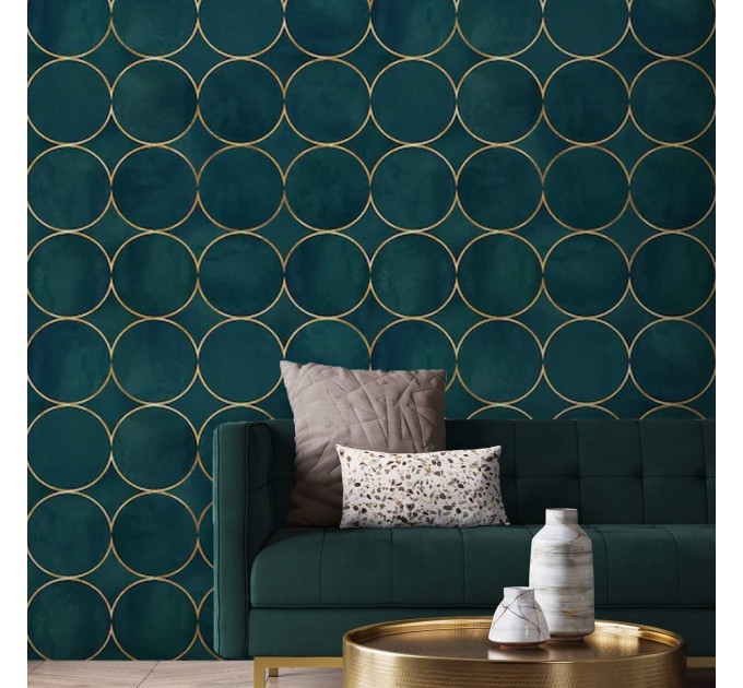 Art deco dark green wallpaper gold circles non metallic