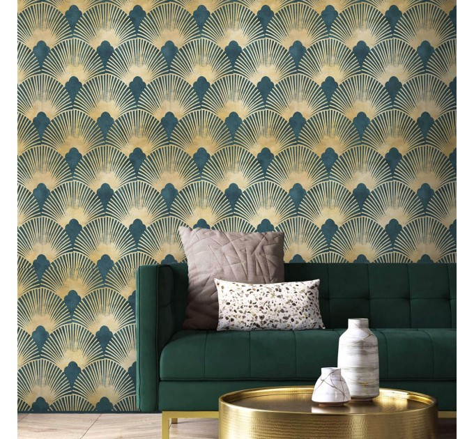 Art deco wallpaper fans teal green gold non metallic luxury wallpaper Peel and stick removable or Traditional