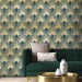 Art deco wallpaper fans teal green gold non metallic luxury wallpaper Peel and stick removable or Traditional