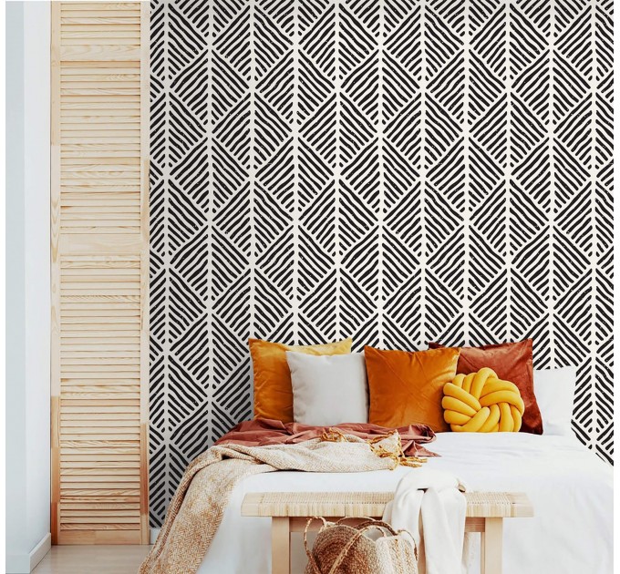 Black and white geometric wallpaper Peel and stick or Traditional non woven abstract accent wall