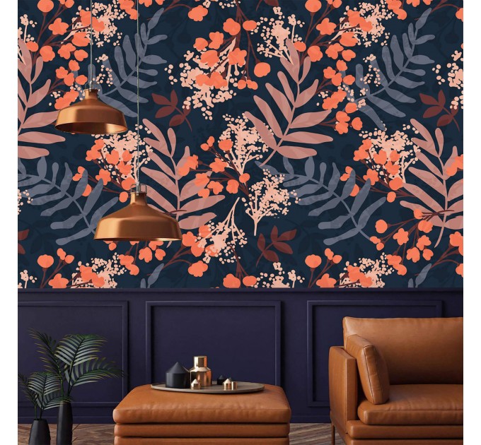 Dark botanical wallpaper herbs and wildflowers Peel and stick or Traditional non woven accent wallpaper