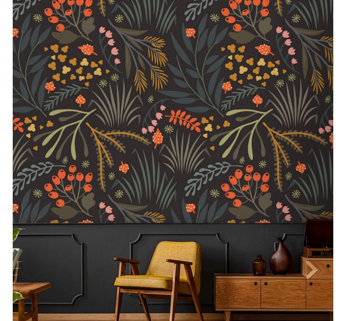 Dark botanical wallpaper leaves and herbs Peel and stick removable or Traditional non woven wallpaper