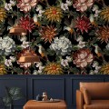 Dark floral wallpaper with birds Peel and stick removable or Traditional non woven accent wallpaper