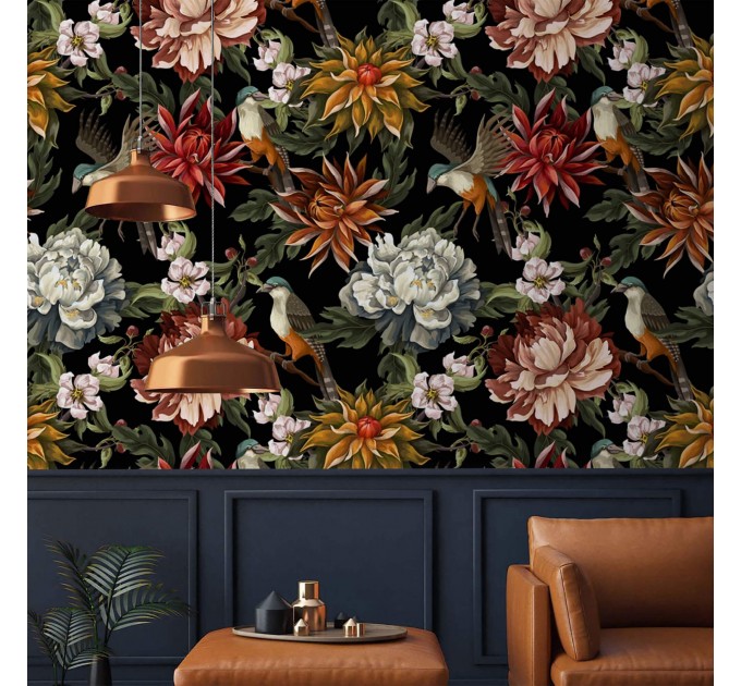 Dark floral wallpaper with birds Peel and stick removable or Traditional non woven accent wallpaper