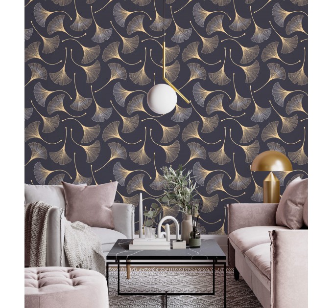 Dark purple wallpaper ginkgo leaves gold non metallic Peel and stick or Traditional elegant accent wallpaper