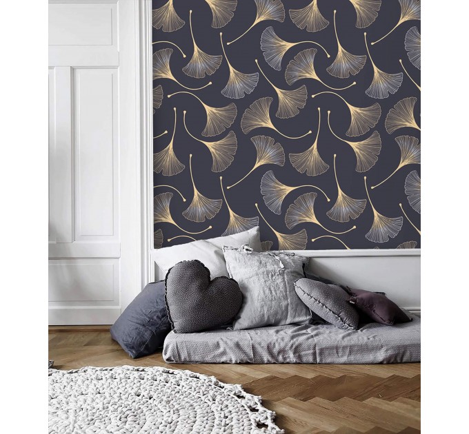 Dark purple wallpaper ginkgo leaves gold non metallic Peel and stick or Traditional elegant accent wallpaper