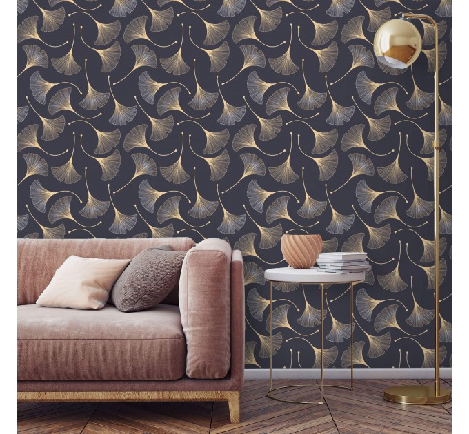 Dark purple wallpaper ginkgo leaves gold non metallic Peel and stick or Traditional elegant accent wallpaper