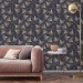 Dark purple wallpaper ginkgo leaves gold non metallic Peel and stick or Traditional elegant accent wallpaper