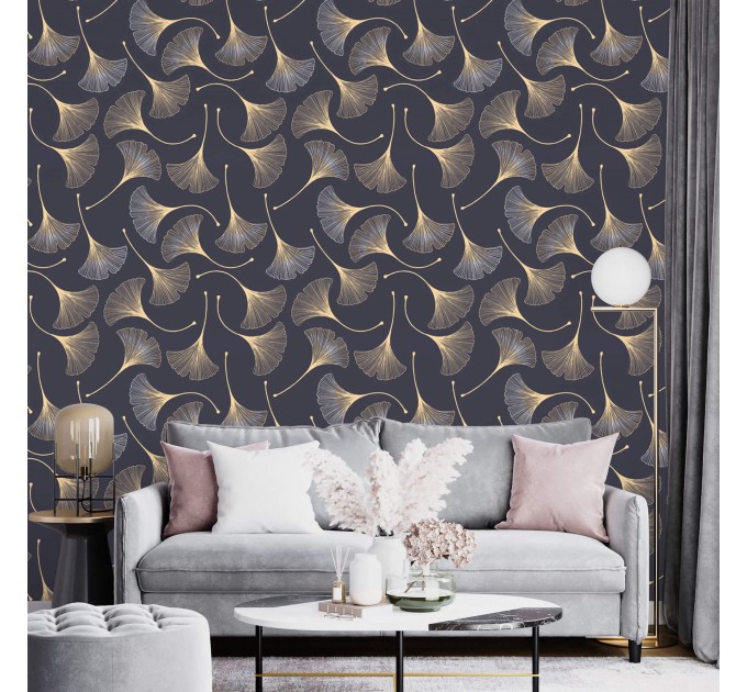 Dark purple wallpaper ginkgo leaves gold non metallic Peel and stick or Traditional elegant accent wallpaper