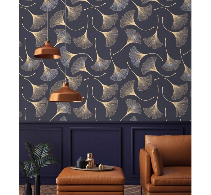 Dark purple wallpaper ginkgo leaves gold non metallic Peel and stick or Traditional elegant accent wallpaper