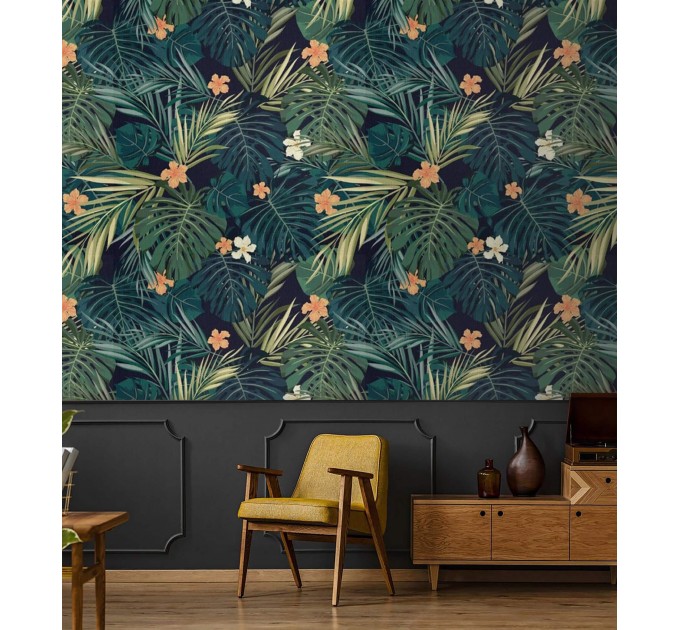 Dark tropical wallpaper exotic flowers and leaves Peel and stick removable or Traditional accent wallpaper