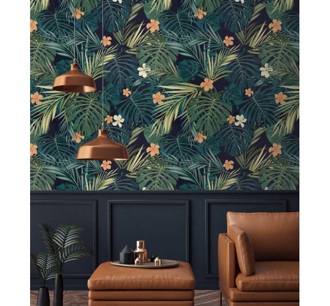 Dark tropical wallpaper exotic flowers and leaves Peel and stick removable or Traditional accent wallpaper