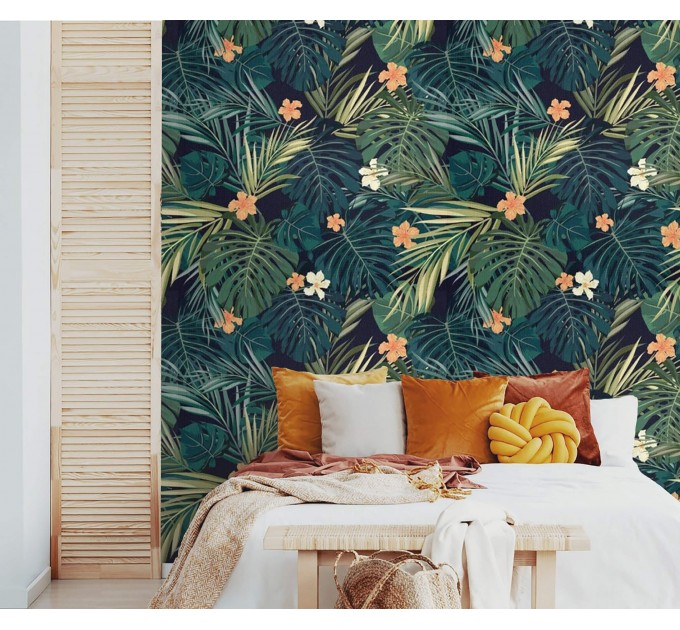 Dark tropical wallpaper exotic flowers and leaves Peel and stick removable or Traditional accent wallpaper